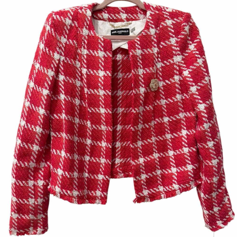 Karl Lagerfeld Paris Tweed Pink White Cropped Open Front Jacket Blazer size 8 - Picture 4 of 9